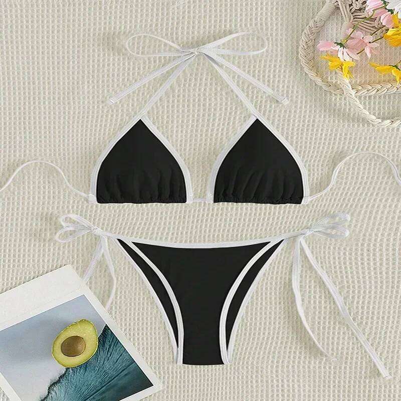 Contrasting Colors String Micro Thong Bikinis Sets Sexy Swimsuit Women 2025 Halter Mini Swimwear Biquinis Beachwear Bikini Mujer Z260206