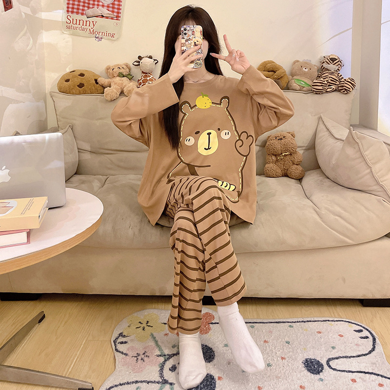 B1405-Elegant Women's Pajama Ensemble: Matching Cherry Patterned Tops and Bottoms with Sleeves