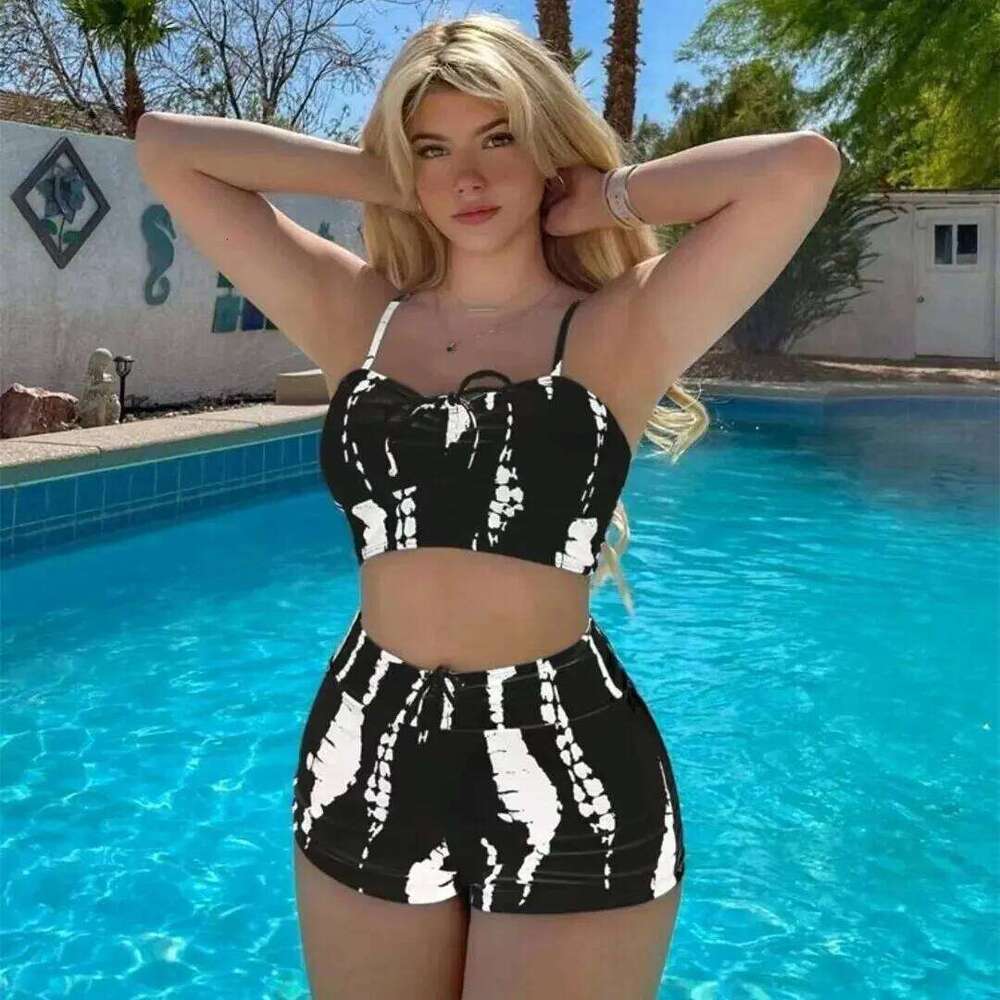 Black and White Tie-dye Split Women's High-waist Boxer Net Red Sexy Figure Hawaiian Beach Swimsuit Z260206