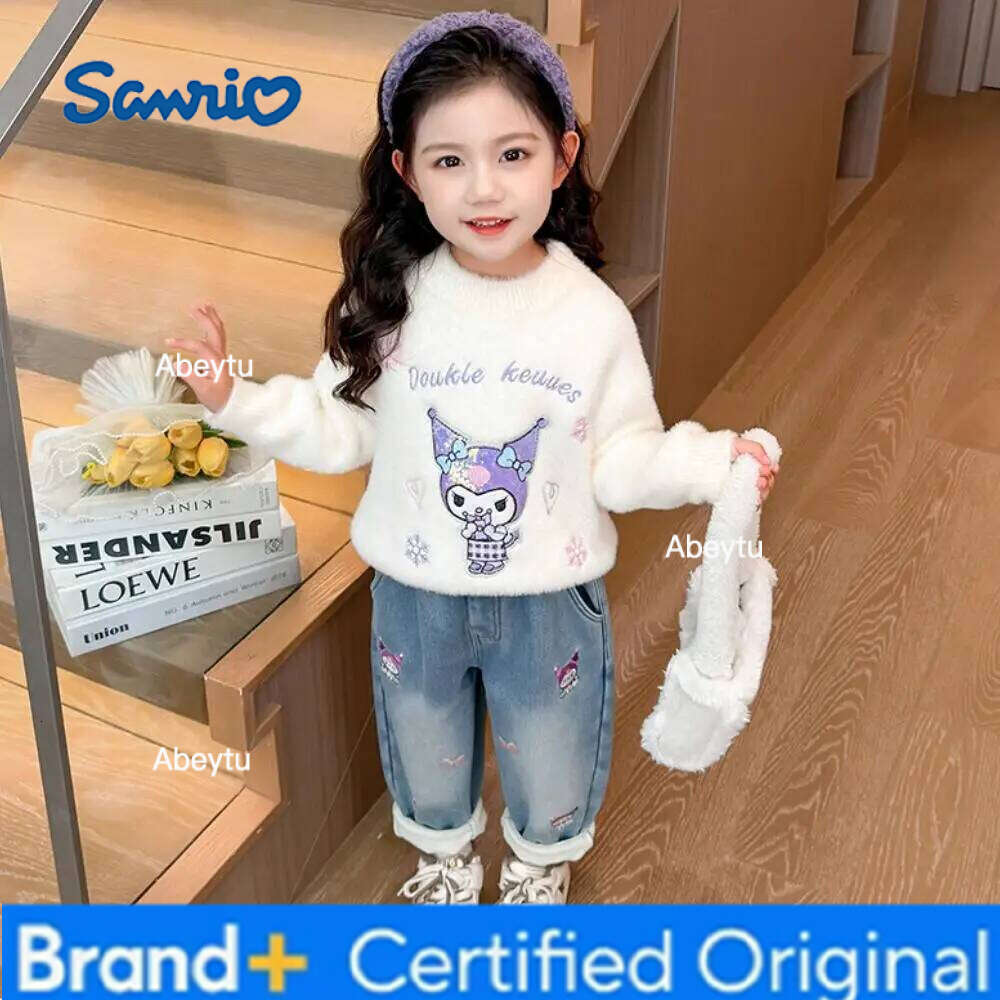 Sanrio Girls' Kuromi Fleece-Lined Jeans Winter and Spring New Fashion Children's Cute Cartoon Embroidery Bow Casual Long Pants H260206