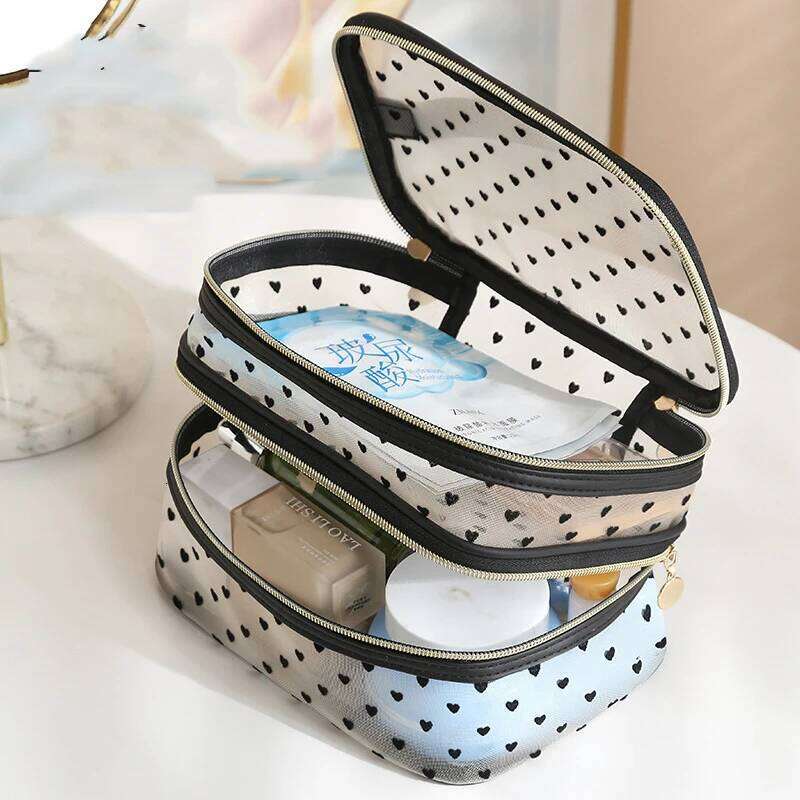 Double-layers Black Mesh Cosmetic Bag Travel Portable Large-Capacity Makeup Case Organizer Storage Pouch Zipper Toiletry Bags Y260206