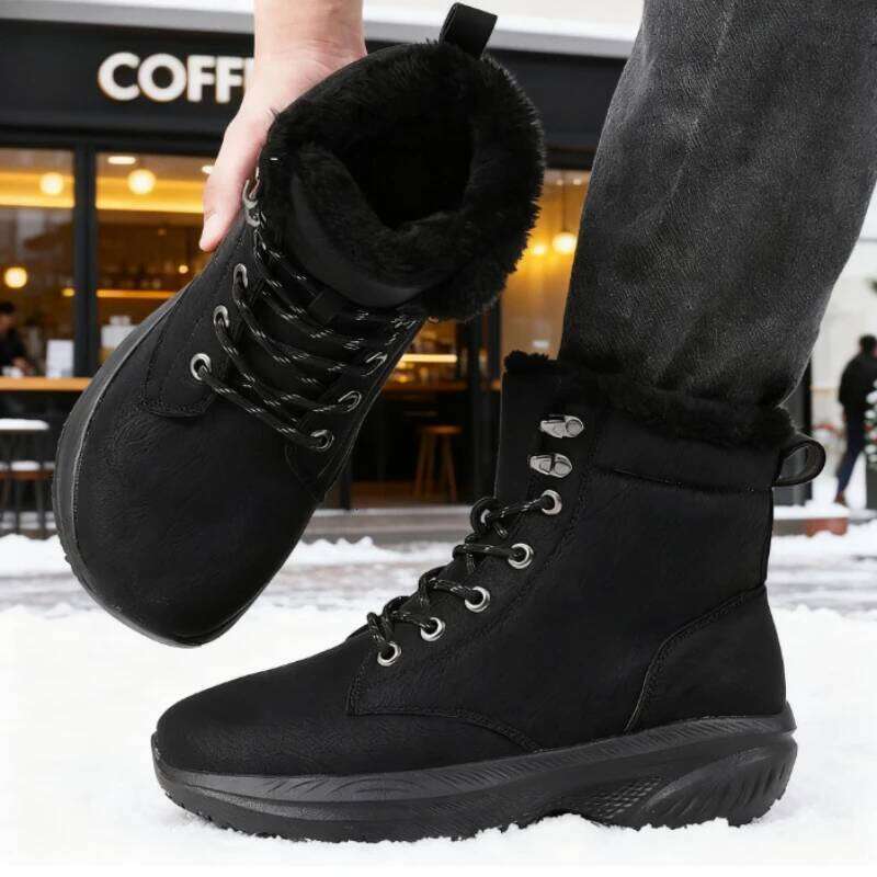 Popular Men's Winter Snow Warm Fur Lined Ankle Non-Slip Platform Boots Fashion Lace-Up Wide Toe Outdoor Sneakers Men