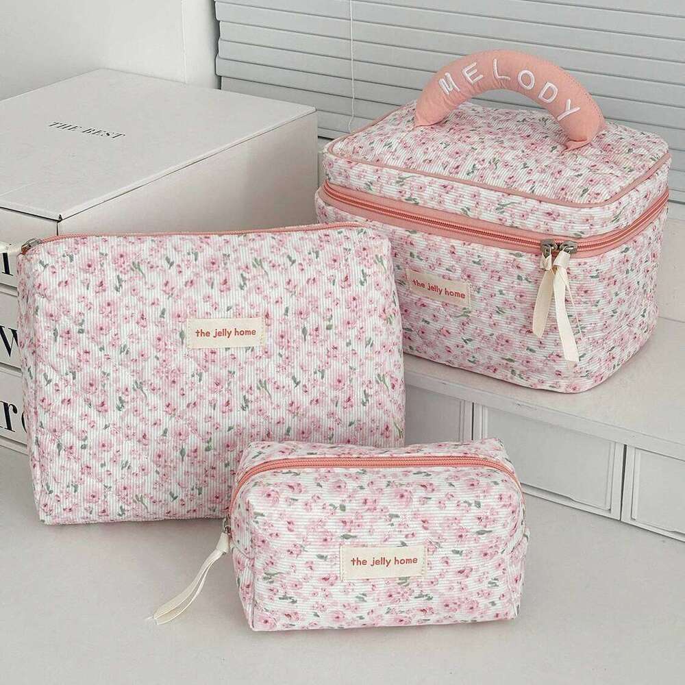 Vintage Pink Floral Women's Cosmetic Large Capacity Toiletry Makeup Storage Pouch Handbag Ladies Zipper Quilted Clutch Bag Y260206