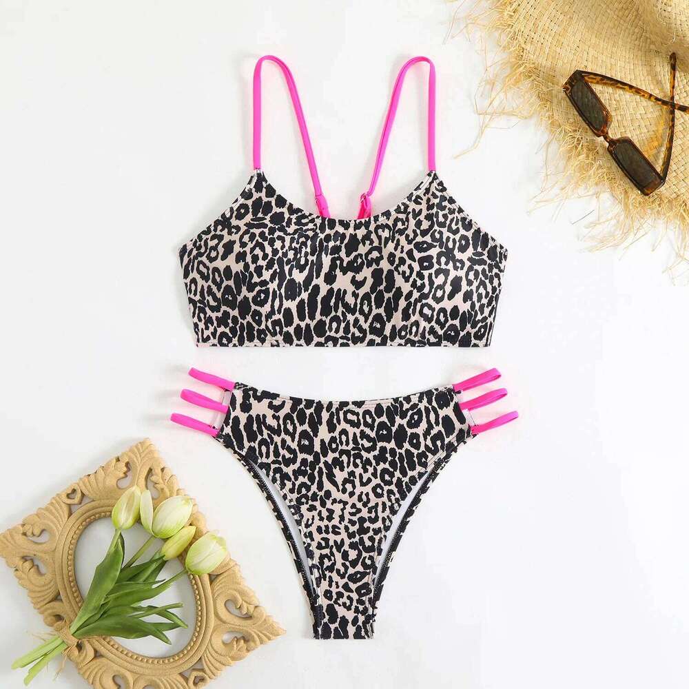 Alluring Backless Leopard Pushup Bikini Performance Split Ruched Two-Piece Sporty Adjustable Supportive Swimwear XJ260206