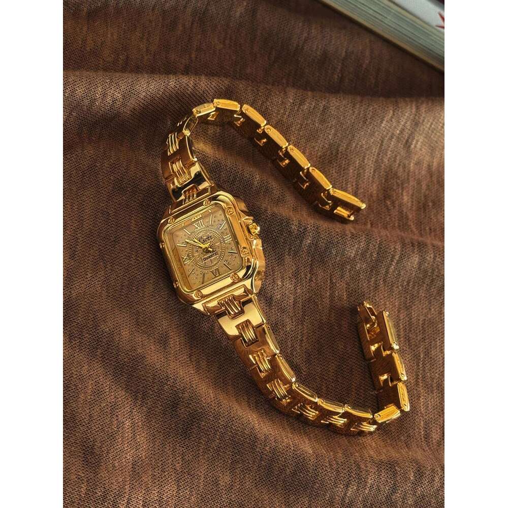 1New Gold Square Dial Elegant Simple Casual Style, Roman Numeral Dial, Fashionable Unique, 30m Waterproof Durable Women's Quartz Watch, Suitable 