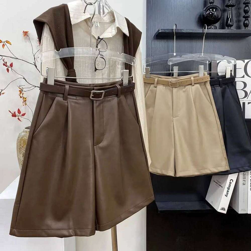 Women Shorts PU Leather Autumn Vintage BF Unisex Loose Wide Leg Bottoms British Stylish Chic Streetwear High Waist Smooth Simple XJ260206