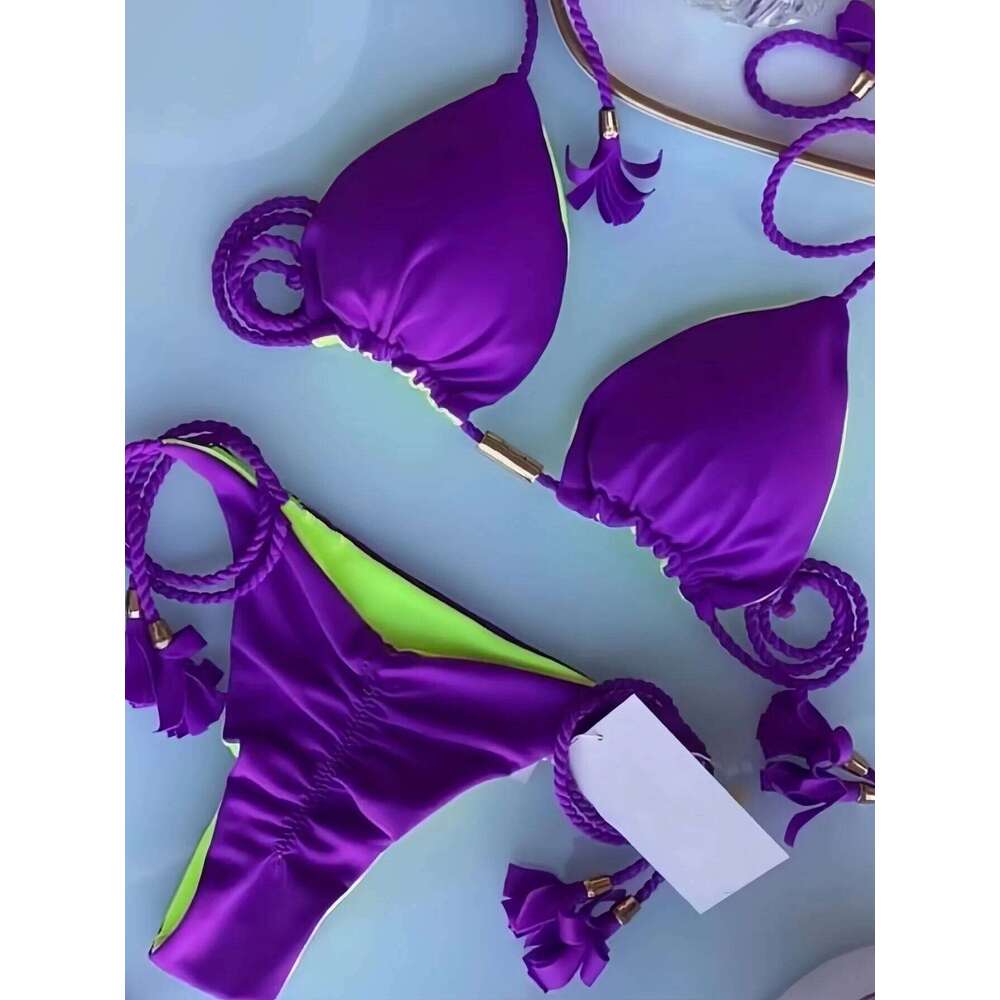 Sexy Solid color Two-piece Triangle Swimwear Women's Swimsuit Braiding rope Bikinis Set Beach Bathing Suit Brazilian Biquinis Z260206