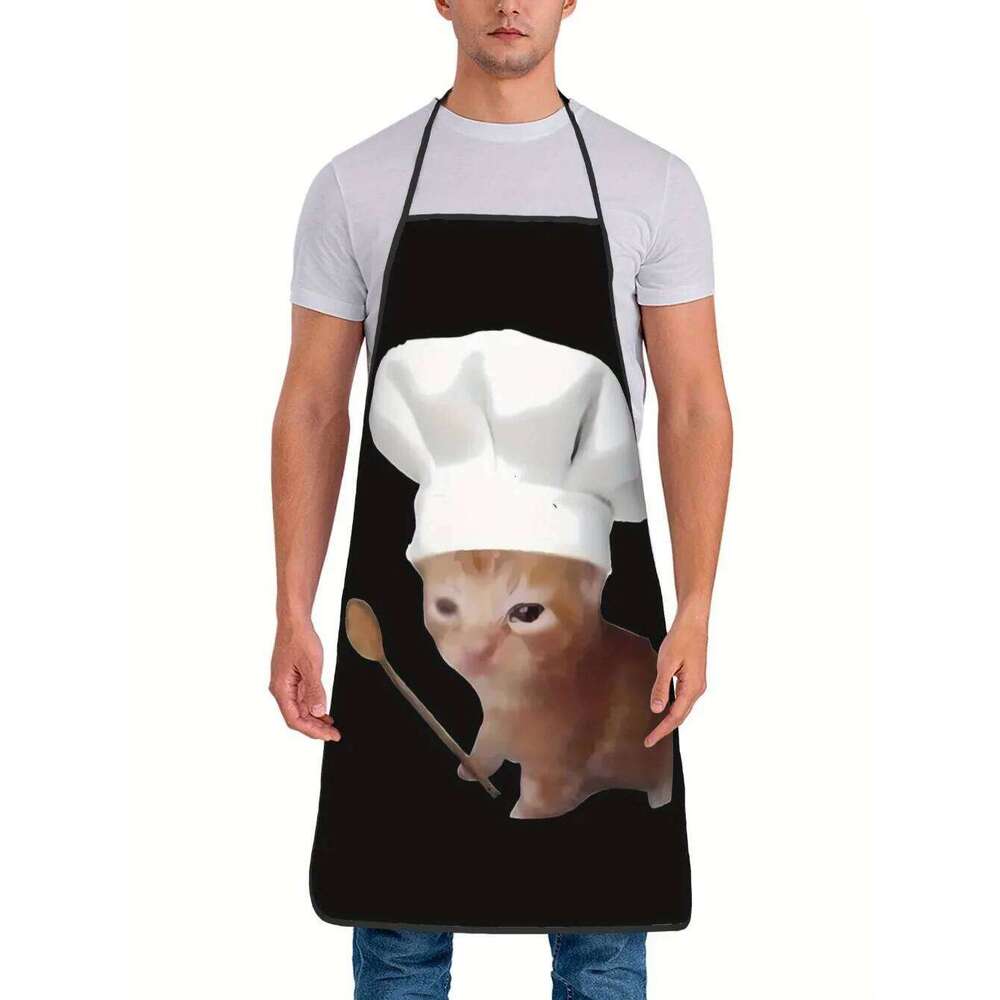 1 Piece Funny Cat - Kitchen Apron with Adorable Ginger-Brown Tiger-Cat Chef Hat, Perfect for Cooking, Baking S260205