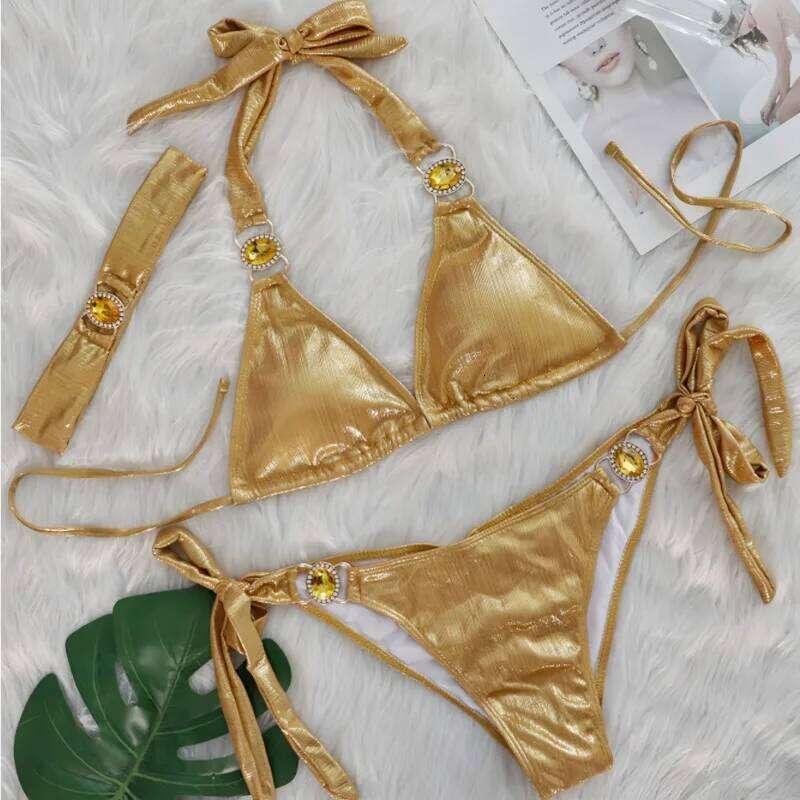 Glossy Sexy Bikinis 2026 Swimsuit With Rhinestones Women Swimwear Female Push Up Bikini Beach Swim Wear Bathing Suit Pool Bather XJ260206