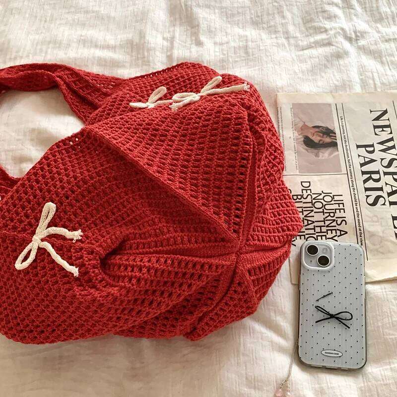 Knitted Bag Bow Vintage Knit High Quality Woven Handbag Large Capacity Daily Wear Shoulder Ladies Hand Bags 2025 Y260205