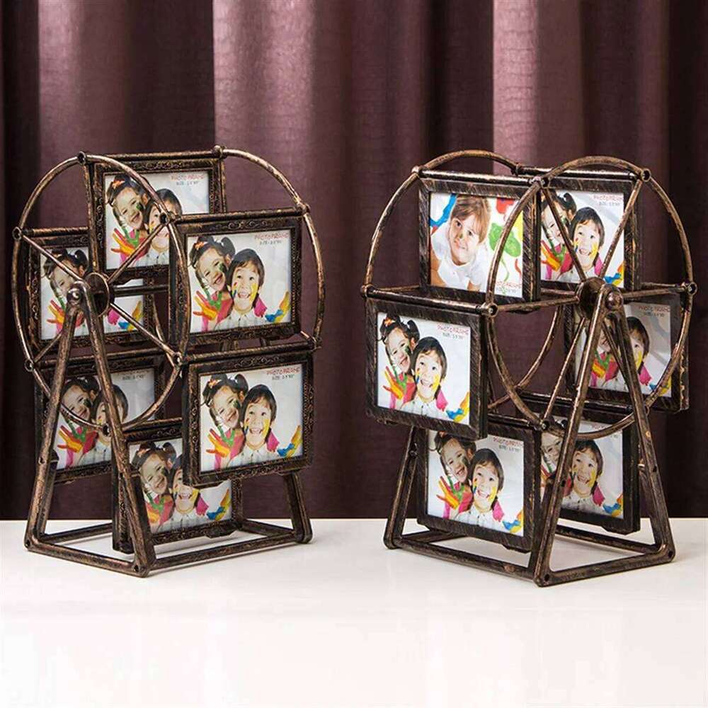 A96Q-Retro Vintage Rotating Wheel Picture Frame, Personalized Family Frame Shows for 12 Photo Home Decor A S260205
