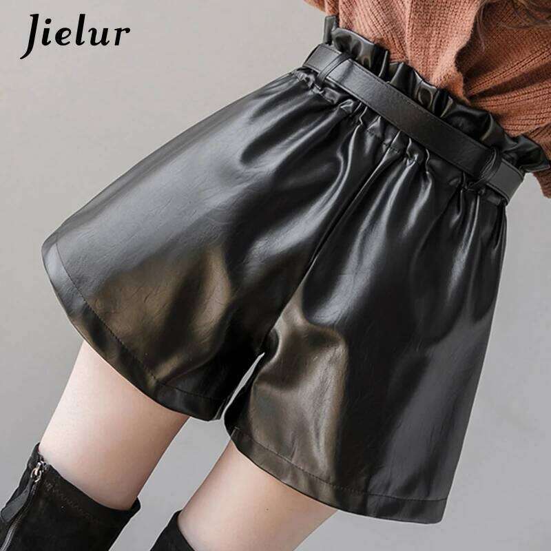 Jielur PU Autumn Winter Women Slim High Waist Solid Color Shorts Womens Chic Korean Belt Leather Short Trousers S-XL XJ260206