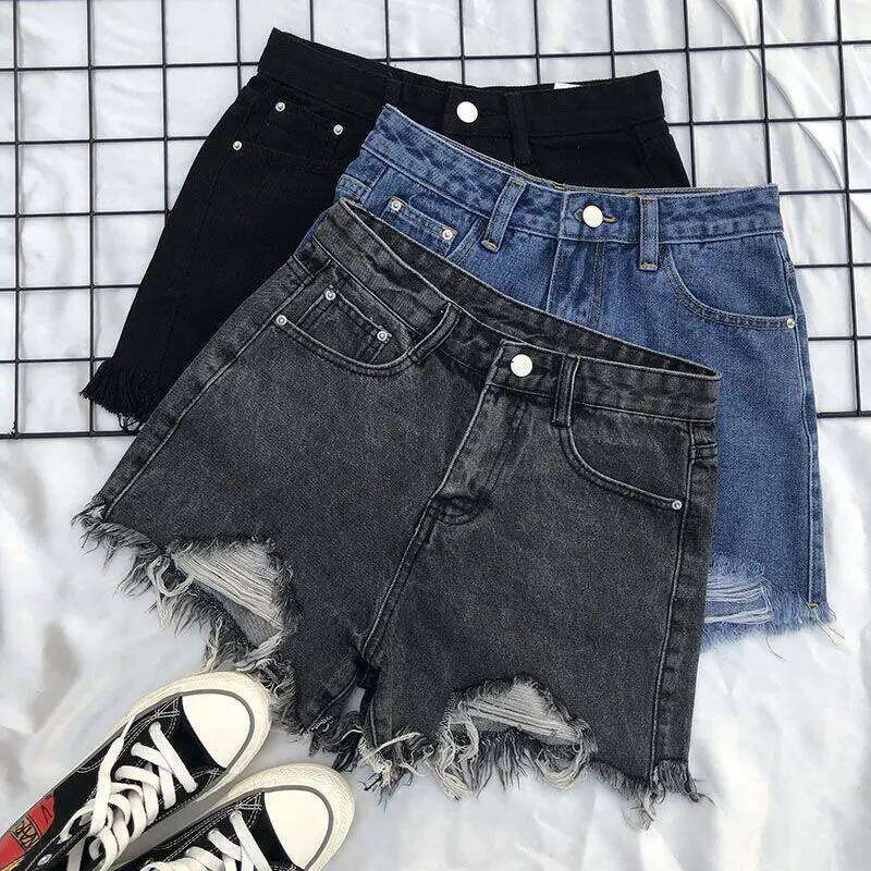 Denim Women Summer Korean Fashion Ripped Holes High Waist Short Jeans Casual Streetwear Shorts Female H260206