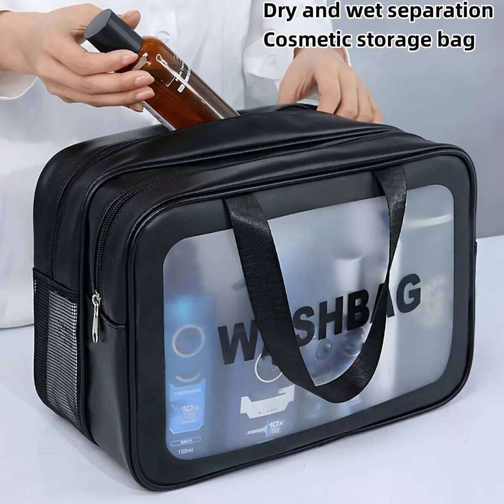 Dry Wet Separation Double Transparent PU Makeup Portable Wash Bag Cosmetic Storage for Travel Gym Swimming Essentials Y260206
