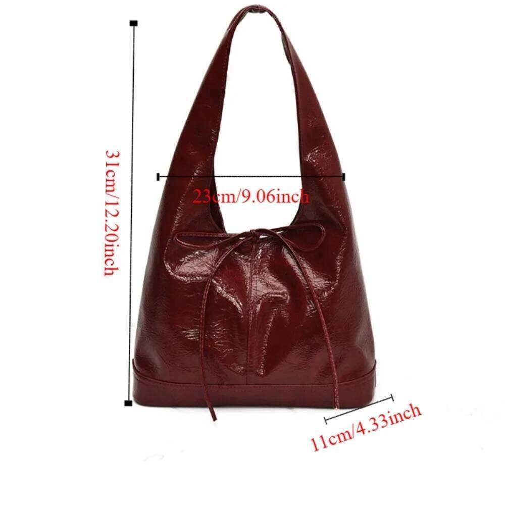 New Deisgn Oil Wax Leather Tote Large Capacity Solid Color Bow Bucket Sweet Korean Style Commuting Shoulder Bag Ladies Y260205
