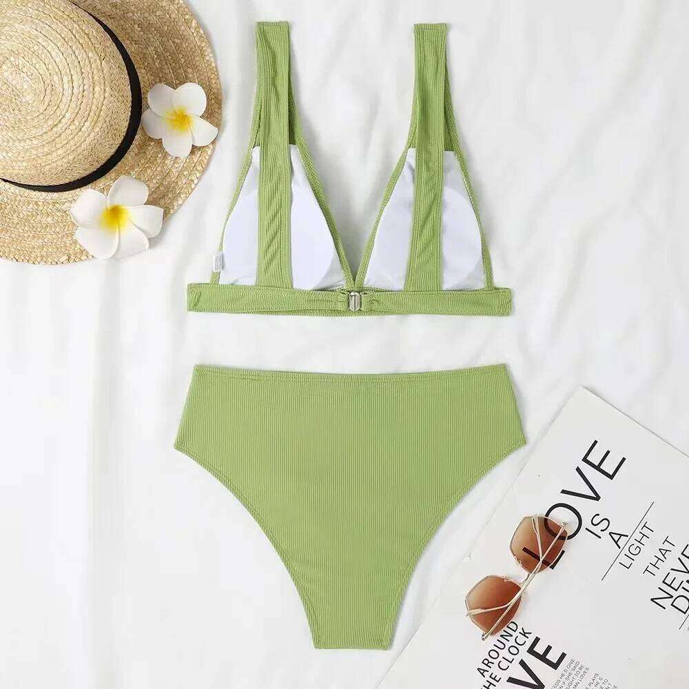 2024 Solid Small Pit Stripe High Waisted V-Neck Bikini Women Sexy Split Swimming Female Ribbed Two-Pieces Beach Swimsuit Suits XJ260206