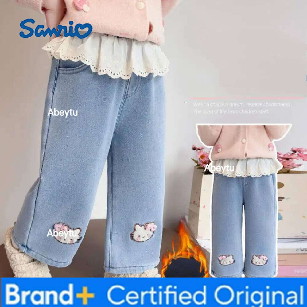 Sanrio Hello Kitty Girls' New Fashionable Fleece-Lined and Thickened Winter Blue Straight Leg Jeans Cute Cat Embroidery H260206