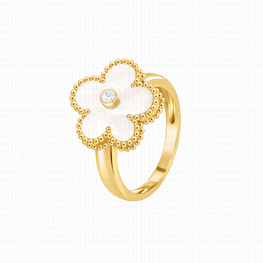 Luxury Designer Clover Ring 18K Gold Plated Flower Band Rings for Women Mother of Pearl Onyx Shell Jewelry Anniversary Gift