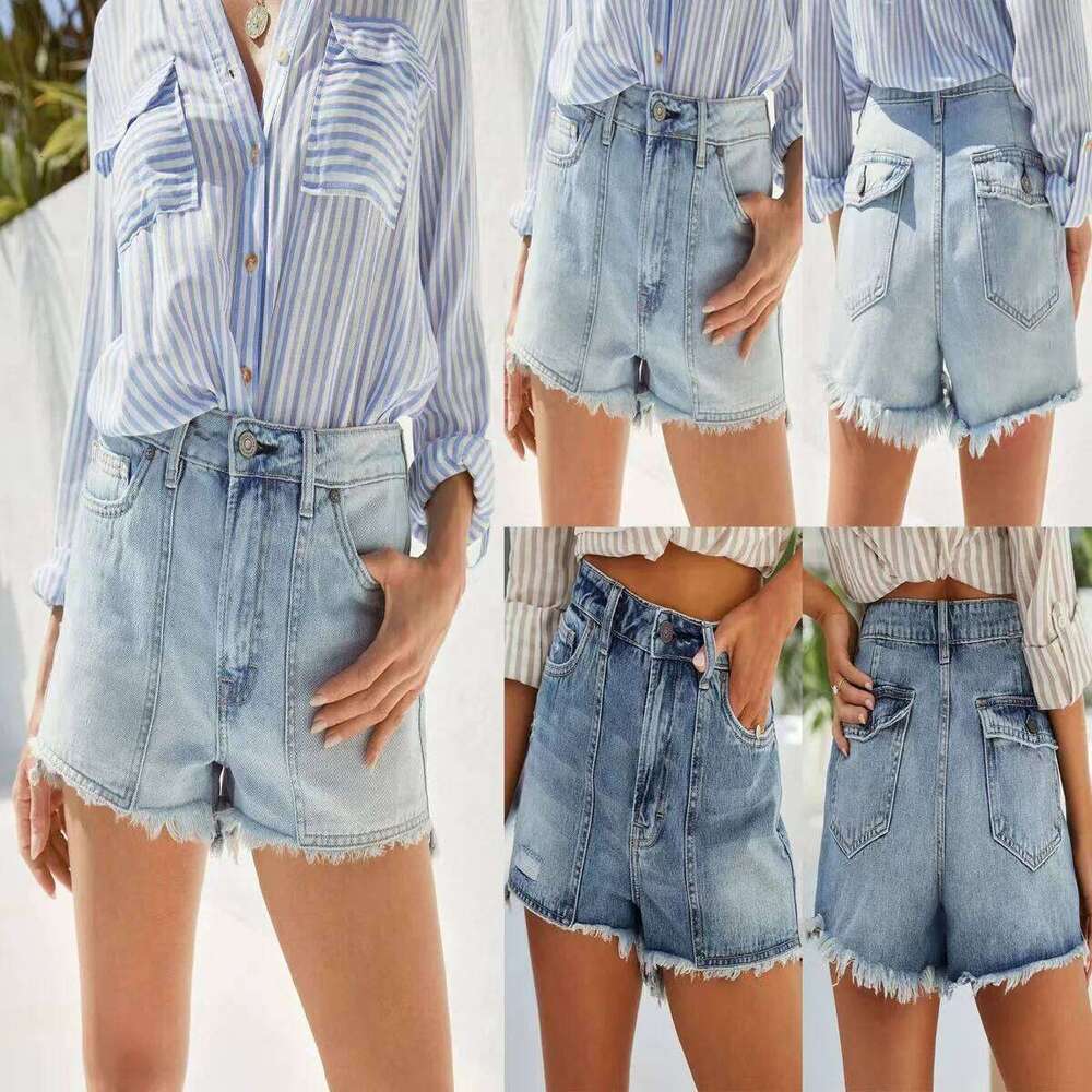 European and American High-waisted Casual Pocket Denim Shorts, Women's New Summer Fashionable Design Sense Stitching Short Jeans H260206