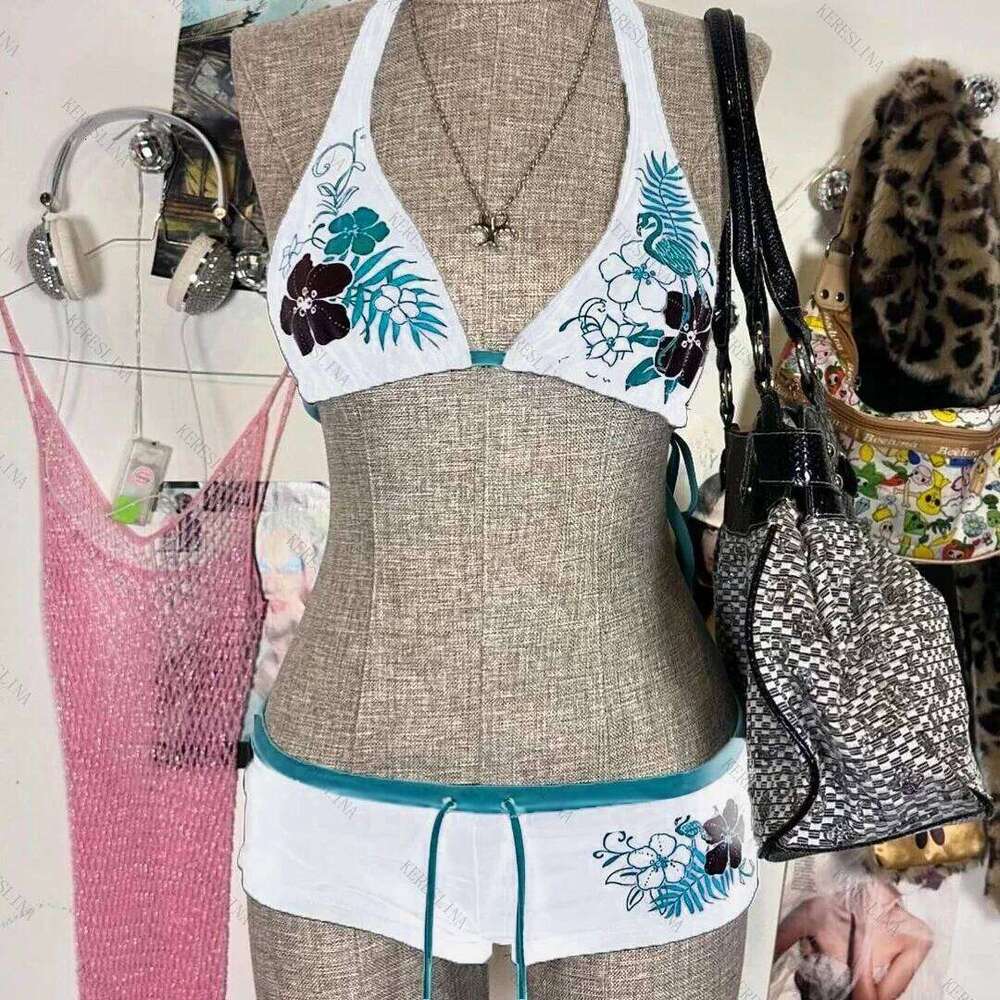 Y2k Vintage Flower print Cutie 2 set Bikini Swimsuit Sexy Women Bathing Fashion Halter Strap Swimwear High Street Beach Female Z260206