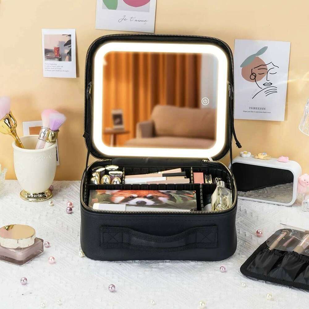 3 Color Lighted Makeup Bag with Mirror, Portable Travel Cosmetic Case Organizer, Gift for Girls Women Y260206