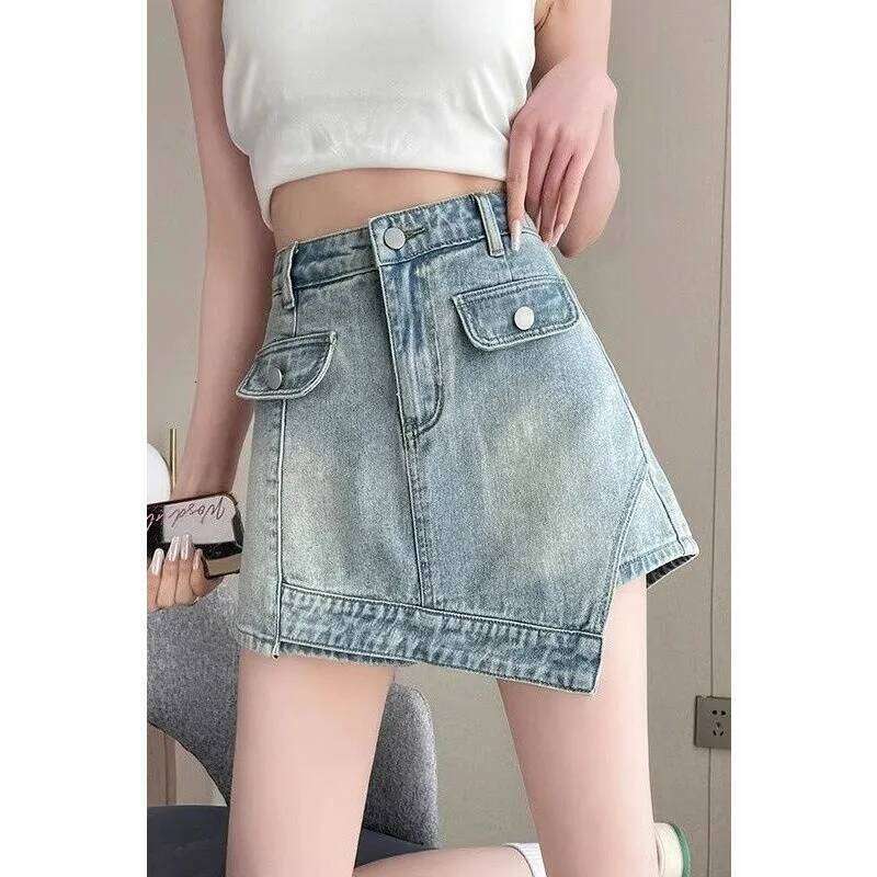 Anti-exposure Denim Shorts for Women Summer High-waisted A-line Versatile Wide-leg Short Skirt Pants XJ260206