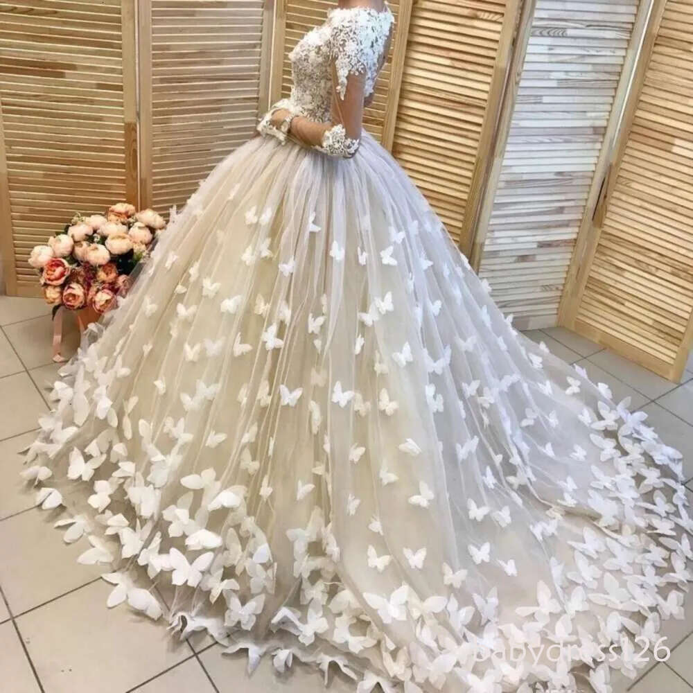 Elegant Wedding Dubai Butterfly Appliques Bridal Dress White Long Sleeves Floor Length Ball Gowns for Woman Tailor-made