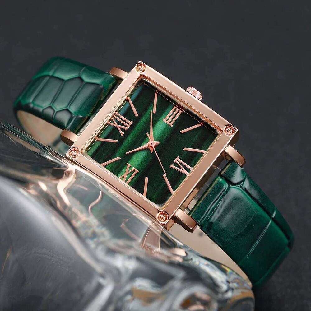 Green Women's Set Fashion Trend Simple Rectangular Dial Quartz Watch Perfect Gift Z260206