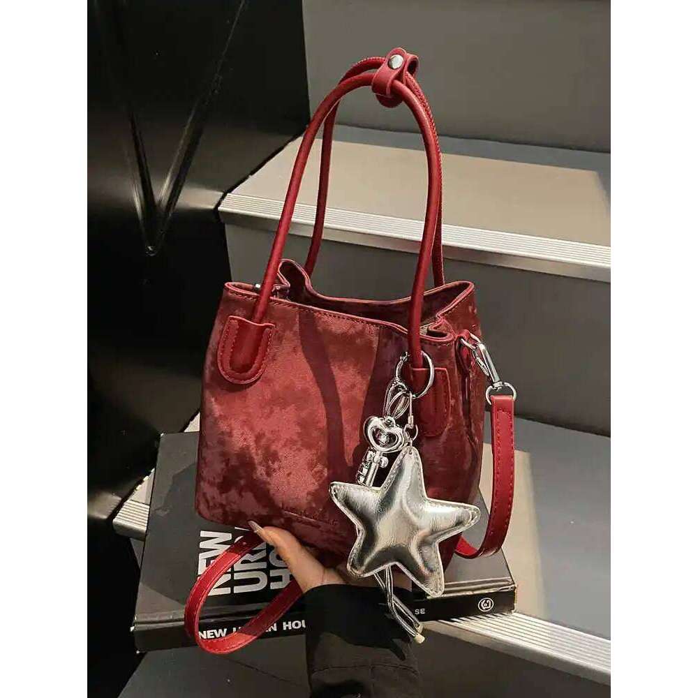 French Retro Bucket Handbag for Women Autumn Winter New Suede Casual One Shoulder Bags Chic Commute Crossbody Bag with Pendant Y260205