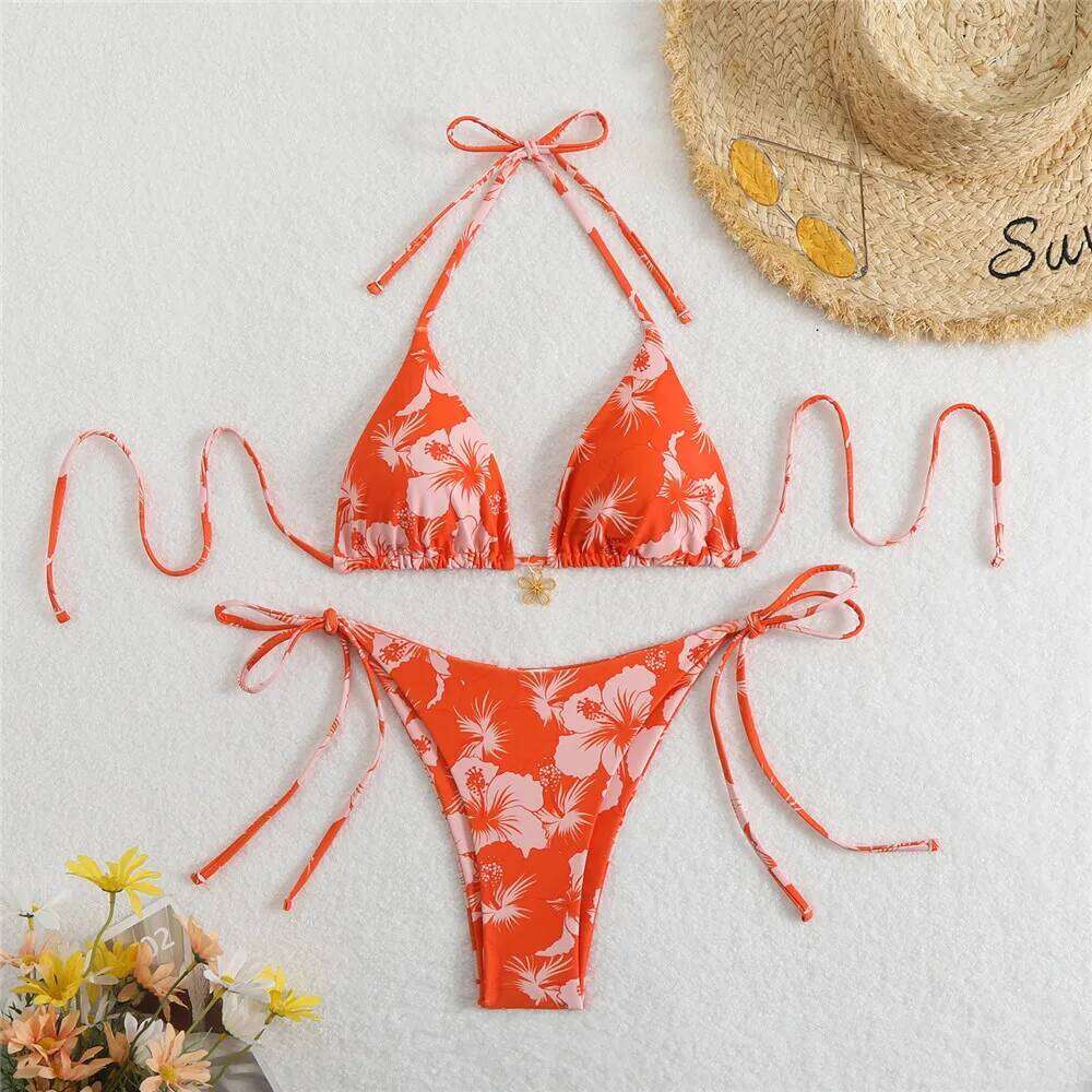 Sexy Rose Red Flower Print Micro Thong Bikini Women Swimwear 2026 String Halter Swimsuit Swimming Wear Triangle Bikinis Sets Z260206