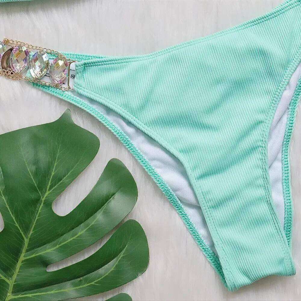 9 Colors Sexy Women Luxe Crystal Diamond Metal Chain Pit Striped Swimwear Swimsuit Bikinis Set Bathing Suit Beach Bikini XJ260206