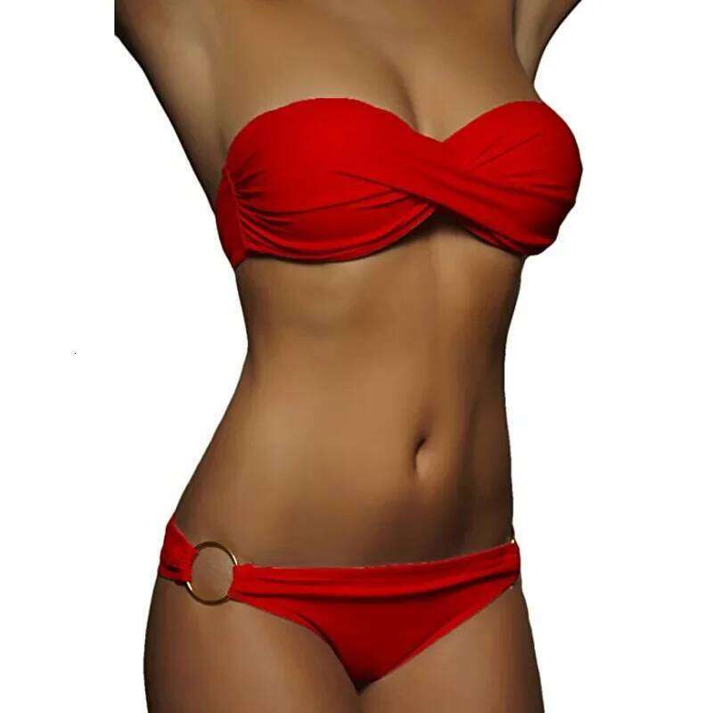 Summer Sexy Two-piece Swimsuit Swimwear Women Cross Pleated Bra Metal Ring Briefs Female Bikini Off Shoulder Bathing Suit Z260206