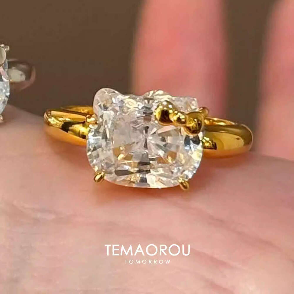 Super Shiny Cute KT Cat Sparkling Diamond for Women, Light Luxury Style, Niche Open Index Finger Ring, Fashionable Girly Temperament Ring