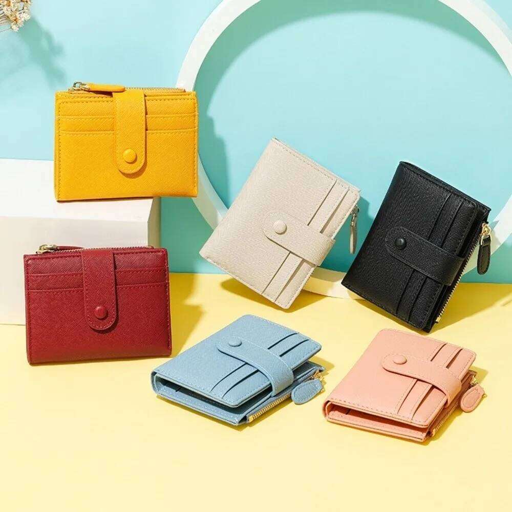 Portable PU Leather Short Multi-card Foldable Two Fold Wallet Zipper Large Capacity Card Holder Women Y260206