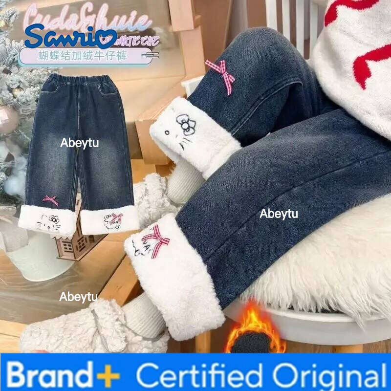 Sanrio Hello Kitty Jeans Warm Thickened Girls Children Baby Long Pants Autumn Winter New Casual Trousers Stylish Straight Leg H260206