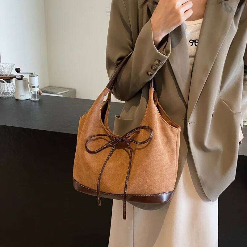 Velvet Bow Solid Color Western Style 2025 Hot Selling Shoulder Hasp Versatile Fashion Tote Bag Soft Simple Trendy Handbag Y260205