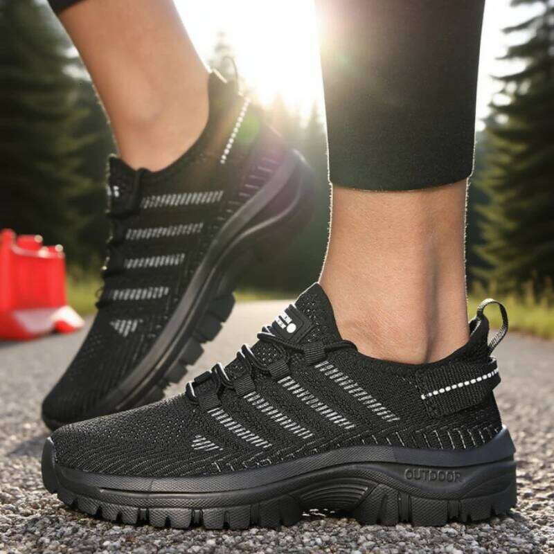 Women's Casual Mesh Breathable Knitted Comfortable Outdoor Flat Walking Trendy Striped Design Couple Jogging Shoes