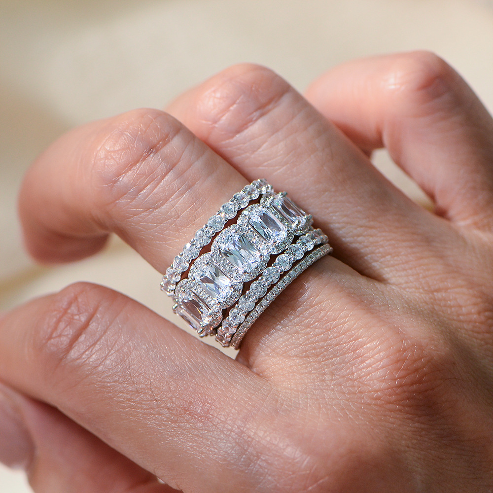 ins-style versatile stackable rings, 925 sterling silver micro-inlaid zirconia full-diamond combination set ring, fashionable and simple