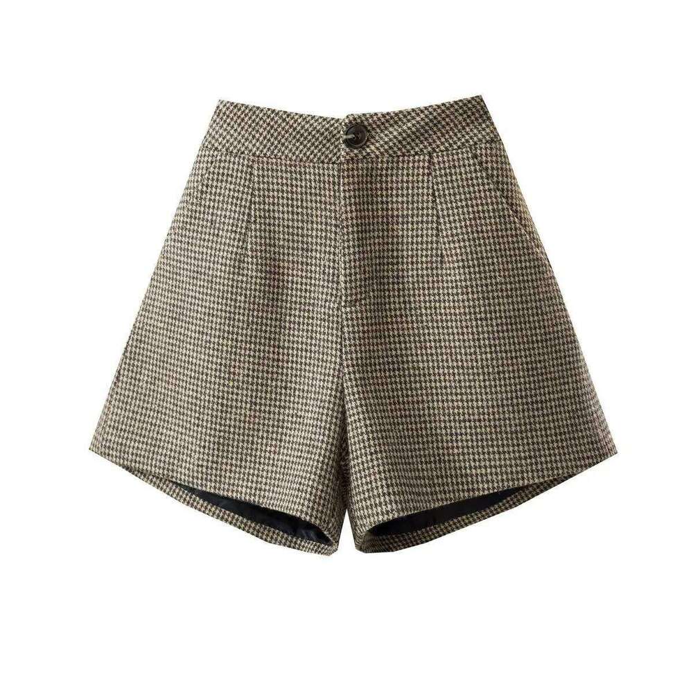 Women's Woolen Thousand Bird Grid Autumn High waisted A-line wide leg Slim Shorts Winter Outerwear Pants boots XJ260206