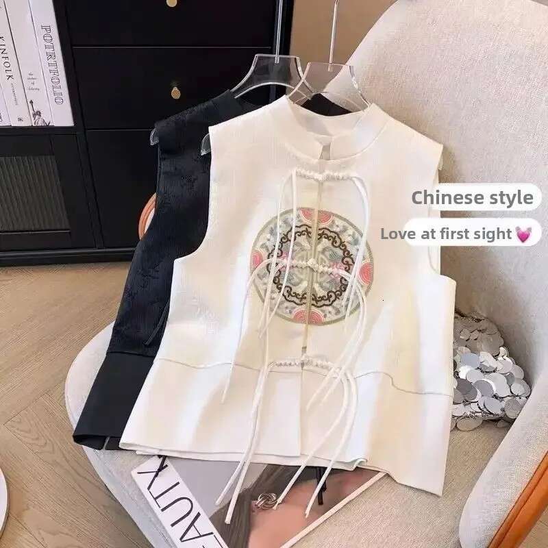 Chinese Style Women Spring Summer Embroidery Tassel Knot Button Jacket Female Sleeveless Short Coat Vintage Satin Vest