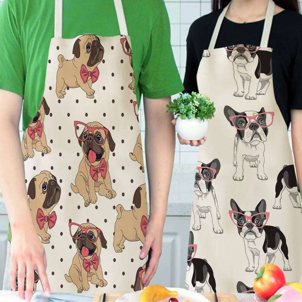 1 Pcs Cotton Linen BullDog Dog Print Kitchen Aprons Unisex Dinner Party Cooking Bib Funny Pinafore Cleaning Apron S260205