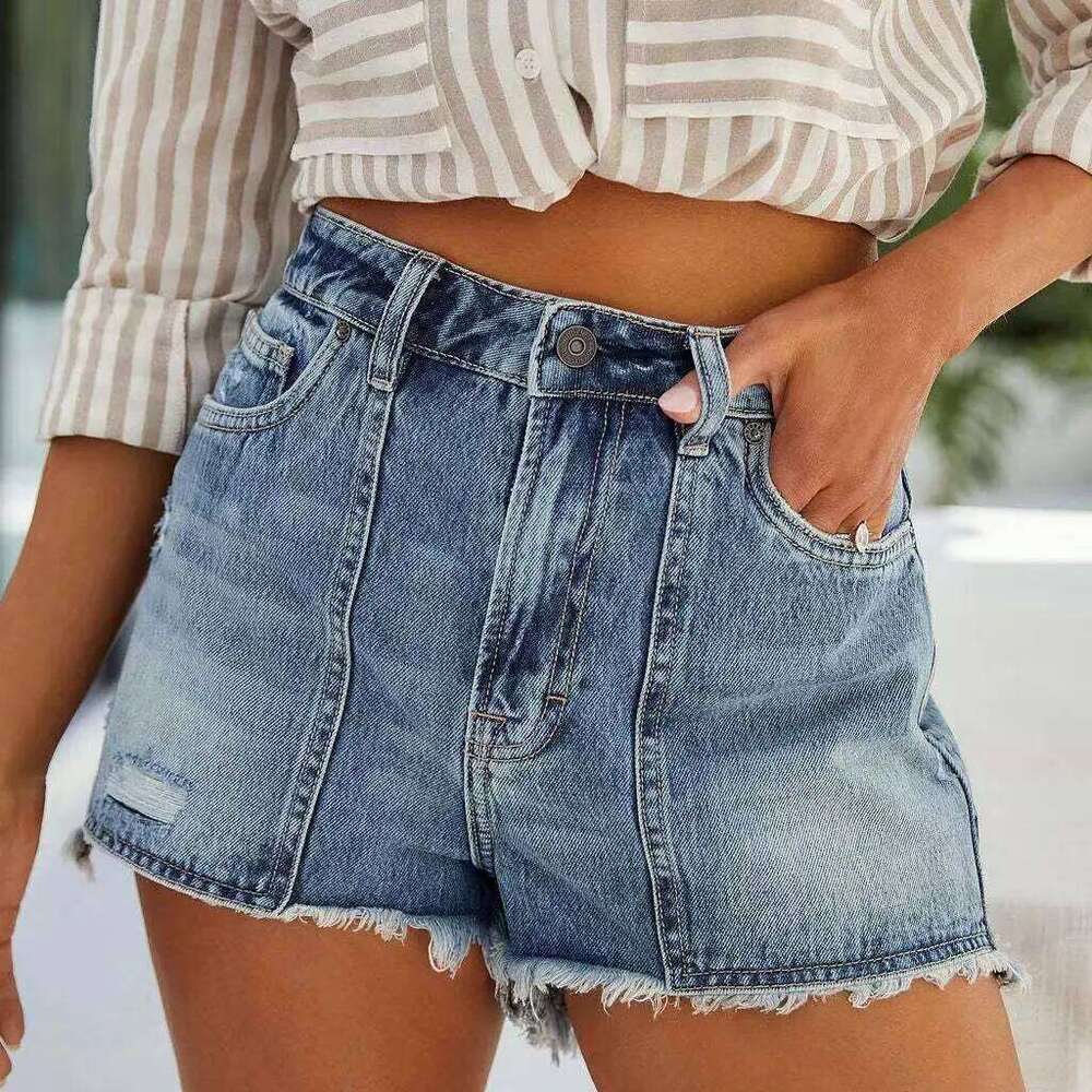 European and American High-waisted Casual Pocket Denim Shorts, Women's New Summer Fashionable Design Sense Stitching Short Jeans H260206