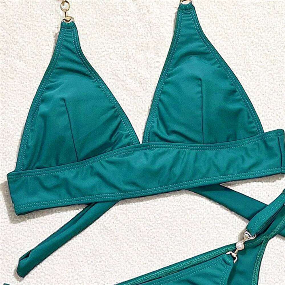 Green Halter Knotted Bikini Swimwear Women Bead Micro Thong Sexy Swimsuit 2026 Swimming Suit Wear Woman Bikinis Set Mujer XJ260206