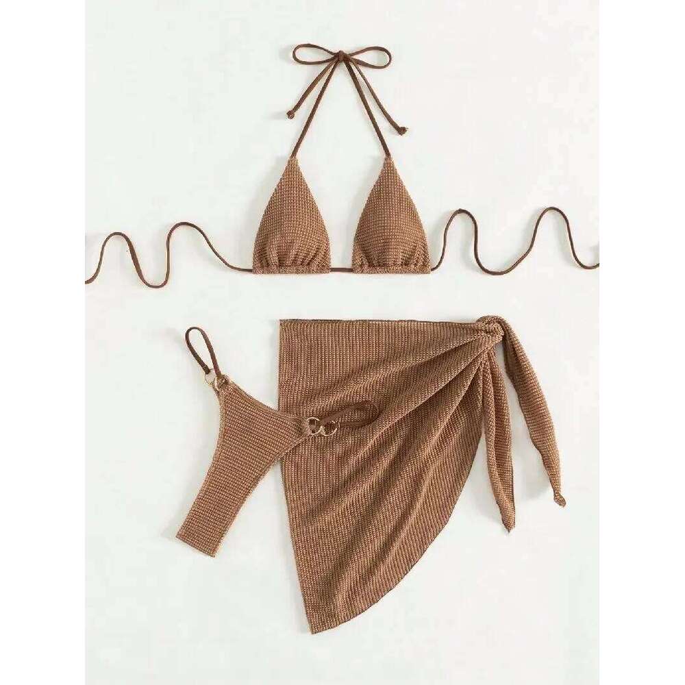 Sexy Brown Bikini Set 2025 Women Halter Push Bra Skirt 3 Piece Swimsuit Summer Bathing Suit Cover Up Thong Swimwear Biquini Z260206