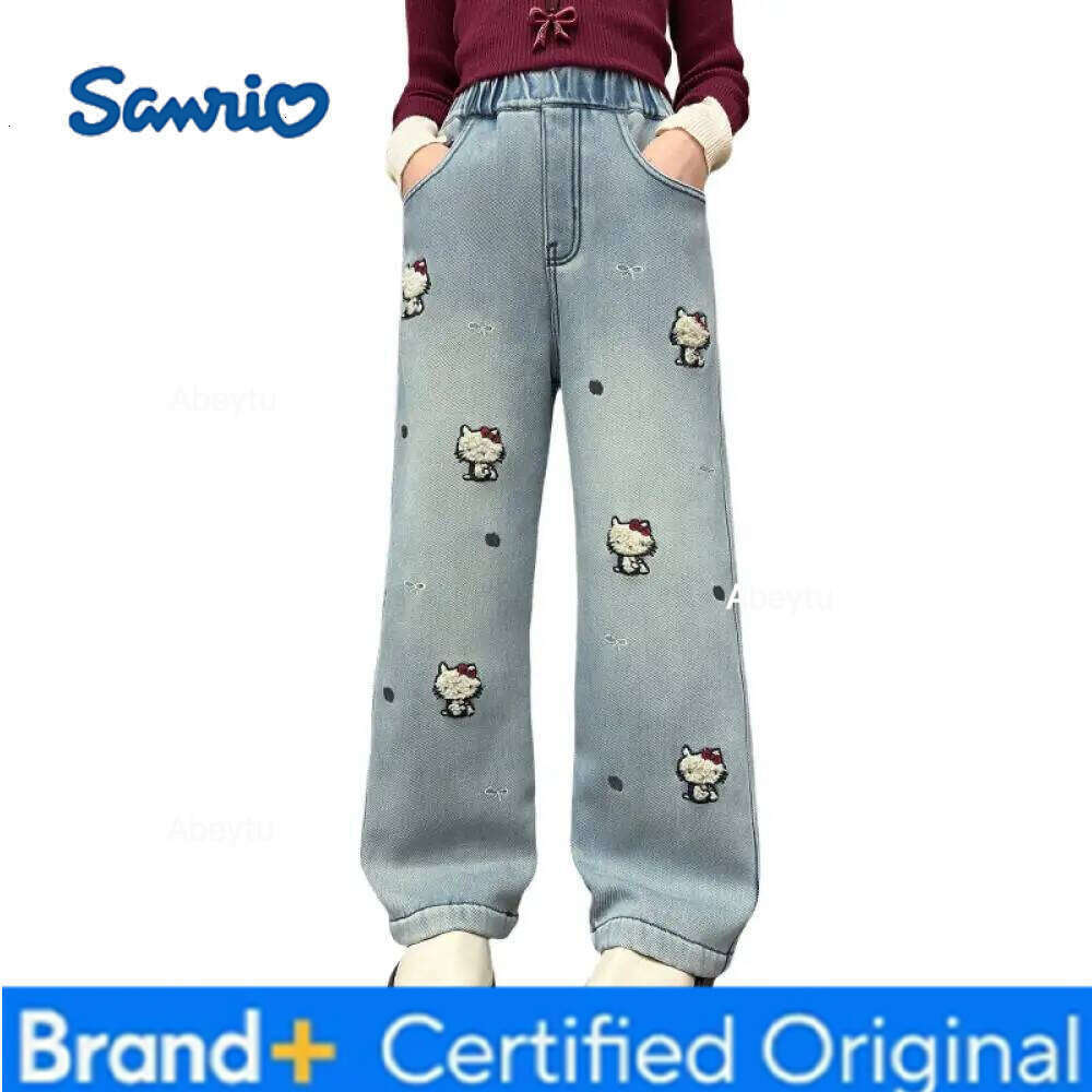 Sanrio Hello Kittys Girls Jeans All-In-One Velvet Autumn Winter New Kawaii Cartoon Leisure Wide Leg Pants Thicken Keep Warm H260206