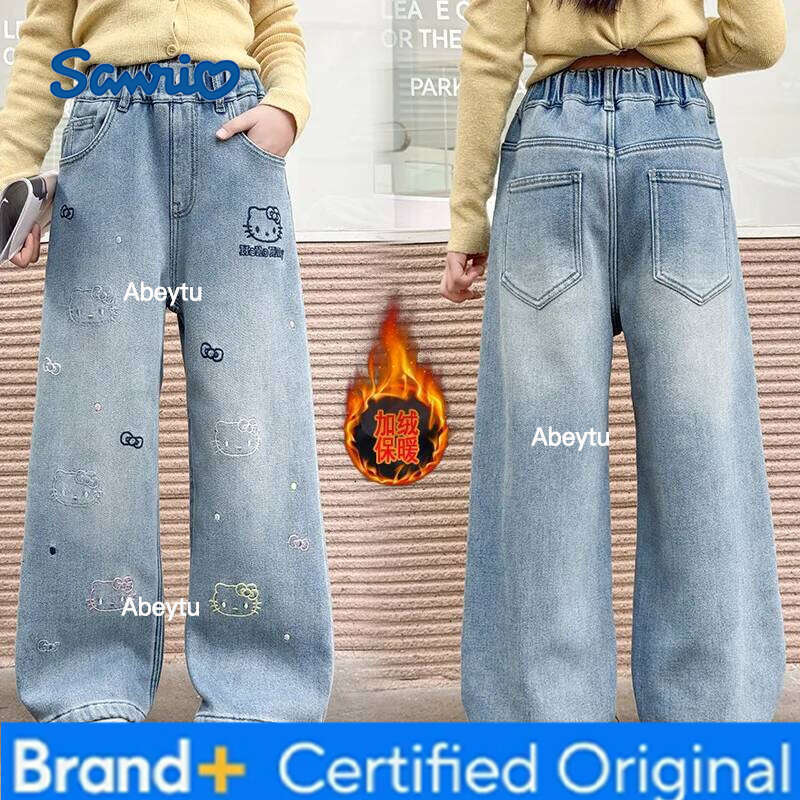 Sanrio Hello Kittys Girls Jeans Kawaii Cartoon Autumn Winter New Leisure Plus Velvet Thicken Wide Leg Pants Trousers H260206