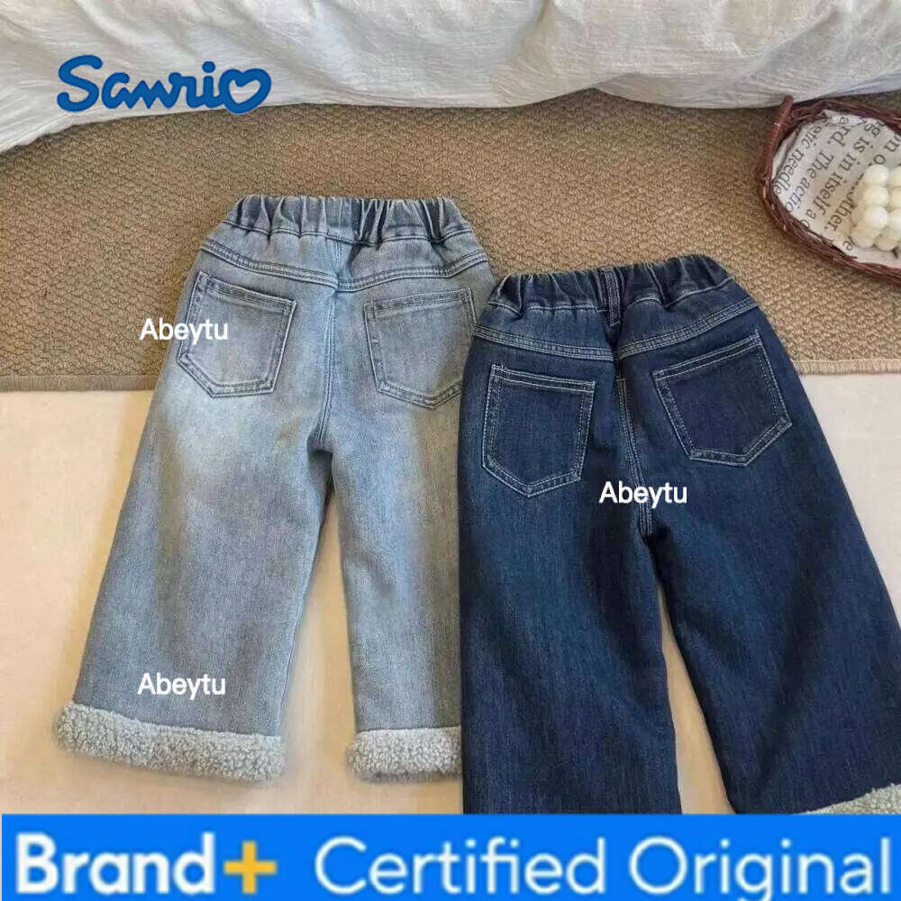 Sanrio Hello Kittys Girls Jeans Velvet Sweet Autumn Winter New Kawaii Cartoon Thicken Cotton Fashion Leisure Trousers H260206