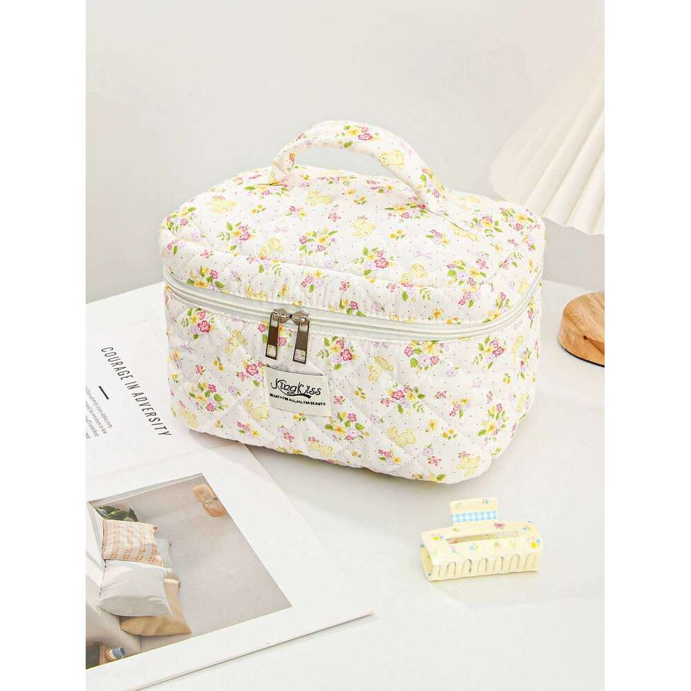 3-pc flower bunny quilted daily travel tool bag, storage handbag, portable makeup brush bag Y260206