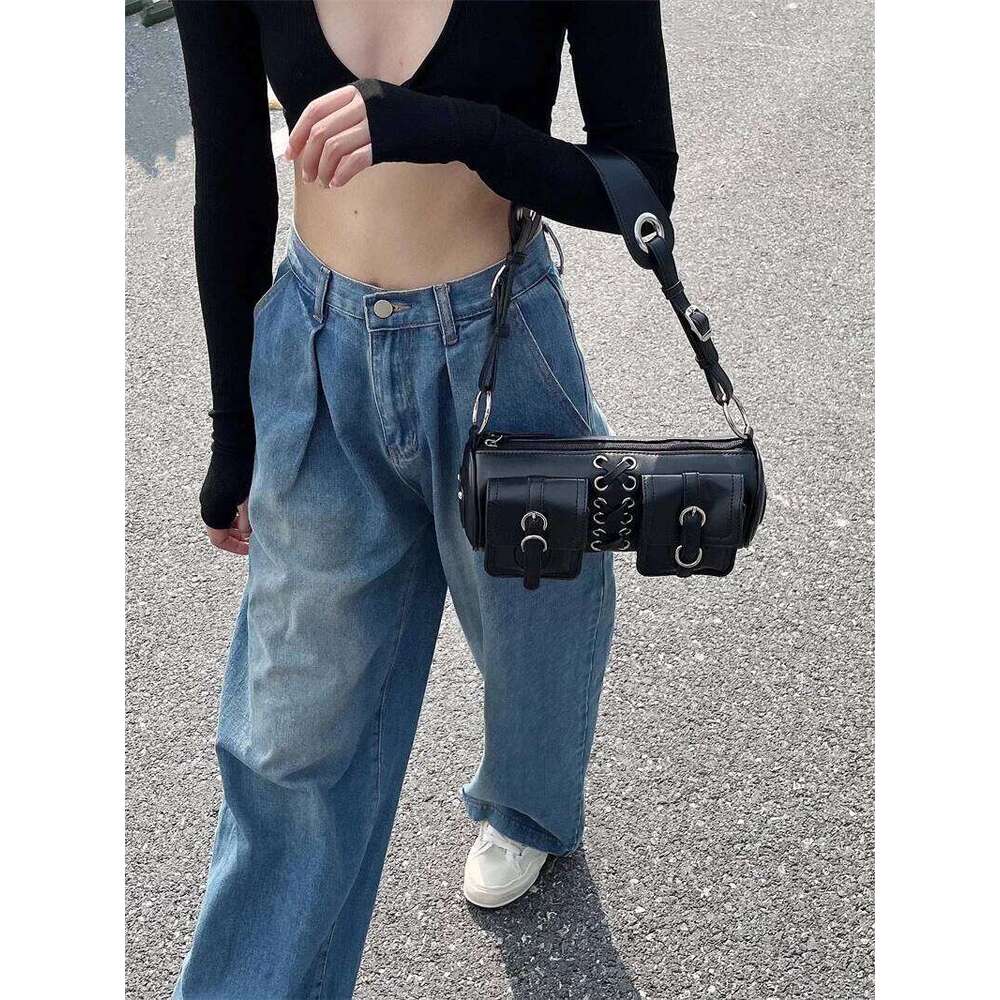 Vintage Black Women Cylinder Underarm Bags Double Pocket Design Ladies Shoulder Bag Fashion Female PU Leather Purse Handbags Y260205