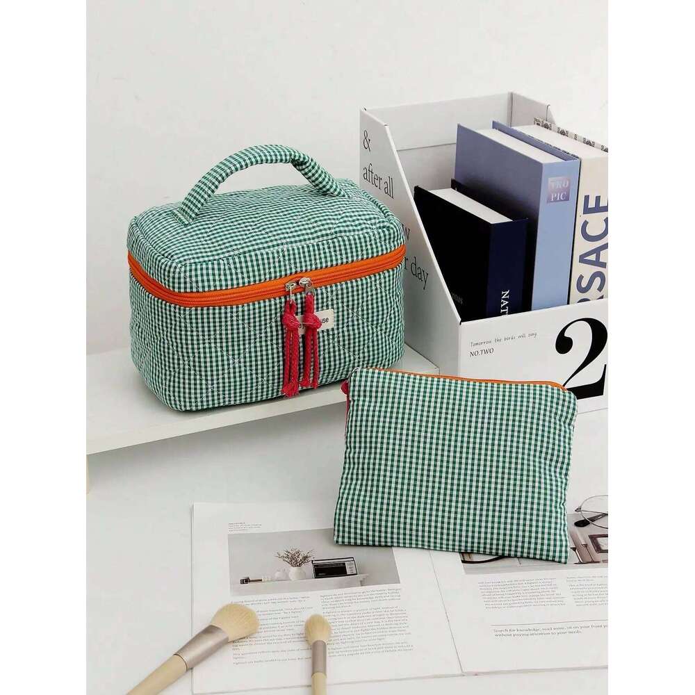 1Pc/Set Plaid Design Green Color with String Cosmetic Organizer Handbag Set For Home, Travel, Vacation And School Use Y260206